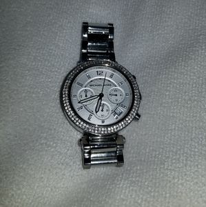 Michael Kors silver Watch with jeweled rim. Works great but needs new battery.